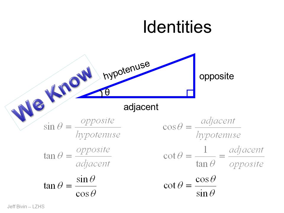 Quotient Identities θ opposite hypotenuse adjacent