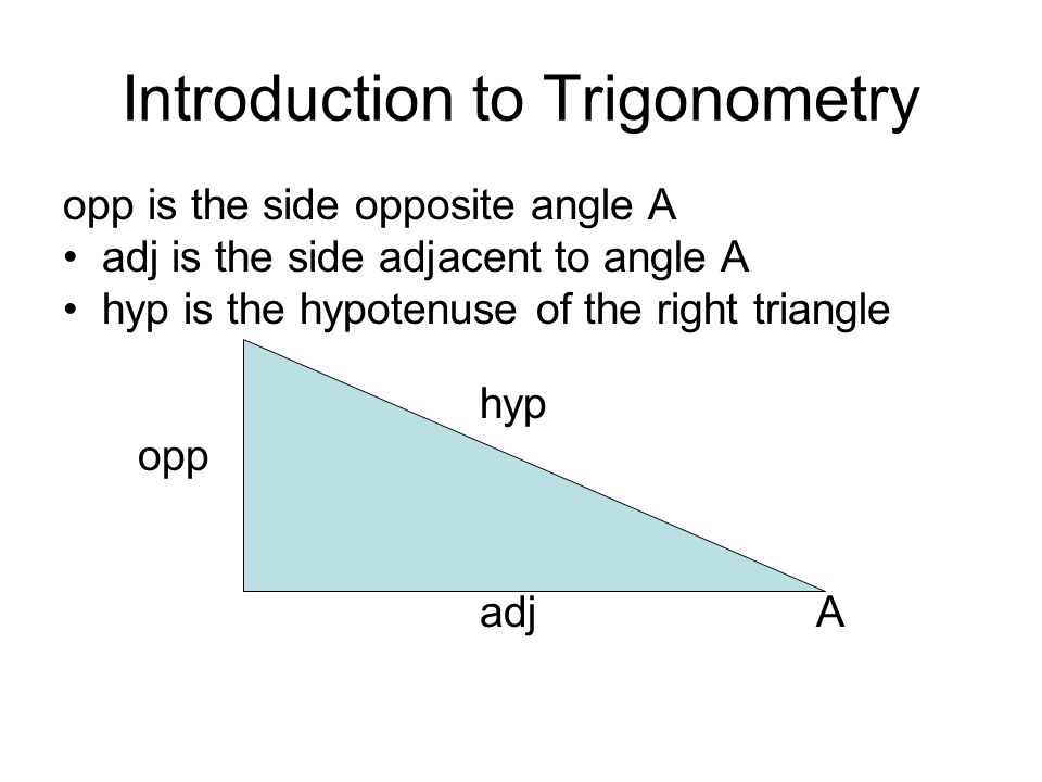Introduction to Trigonometry opp is the side opposite angle A adj is the side adjacent to angle A hyp is the hypotenuse of the right triangle hyp opp adj A