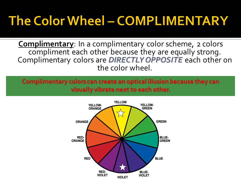 DIRECTLY OPPOSITE Complimentary: In a complimentary color scheme, 2 colors compliment each other because they are equally strong.