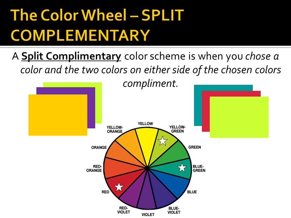 A Split Complimentary color scheme is when you chose a color and the two colors on either side of the chosen colors compliment.