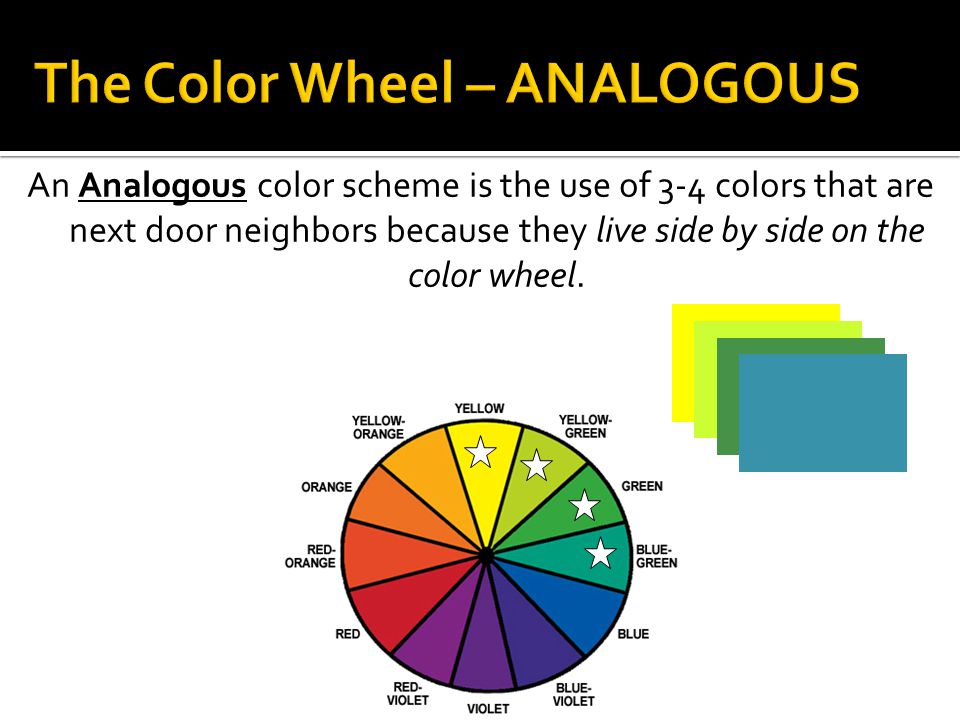 An Analogous color scheme is the use of 3-4 colors that are next door neighbors because they live side by side on the color wheel.