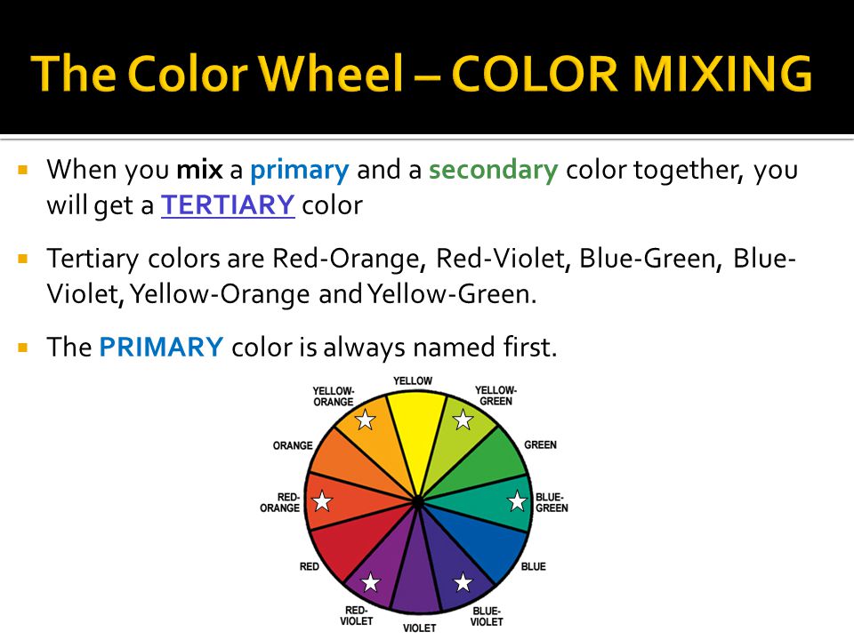  When you mix a primary and a secondary color together, you will get a TERTIARY color  Tertiary colors are Red-Orange, Red-Violet, Blue-Green, Blue- Violet, Yellow-Orange and Yellow-Green.