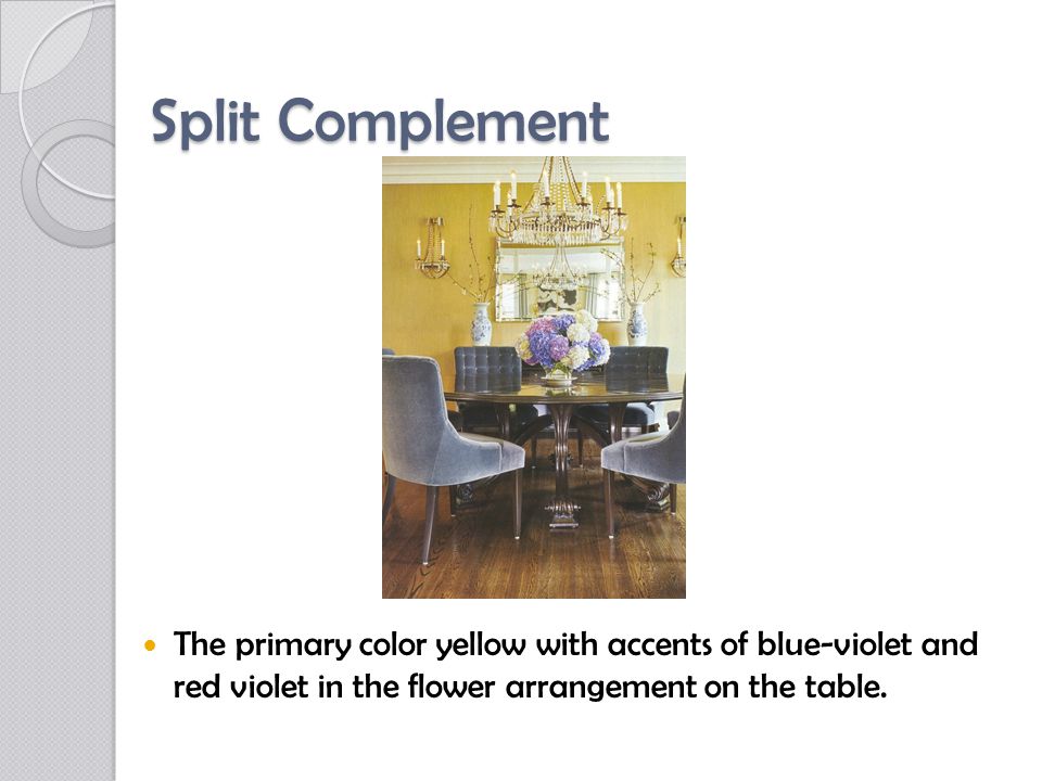 Split Complement The primary color yellow with accents of blue-violet and red violet in the flower arrangement on the table.