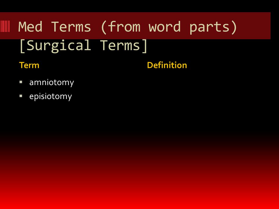 Med Terms (from word parts) [Surgical Terms] TermDefinition  amniotomy  episiotomy