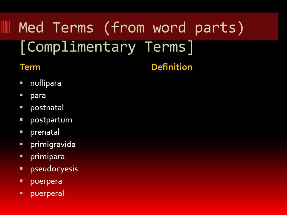 Med Terms (from word parts) [Complimentary Terms] TermDefinition  nullipara  para  postnatal  postpartum  prenatal  primigravida  primipara  pseudocyesis  puerpera  puerperal