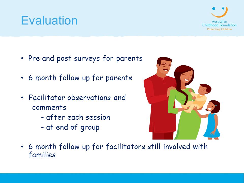 Evaluation Pre and post surveys for parents 6 month follow up for parents Facilitator observations and comments - after each session - at end of group 6 month follow up for facilitators still involved with families