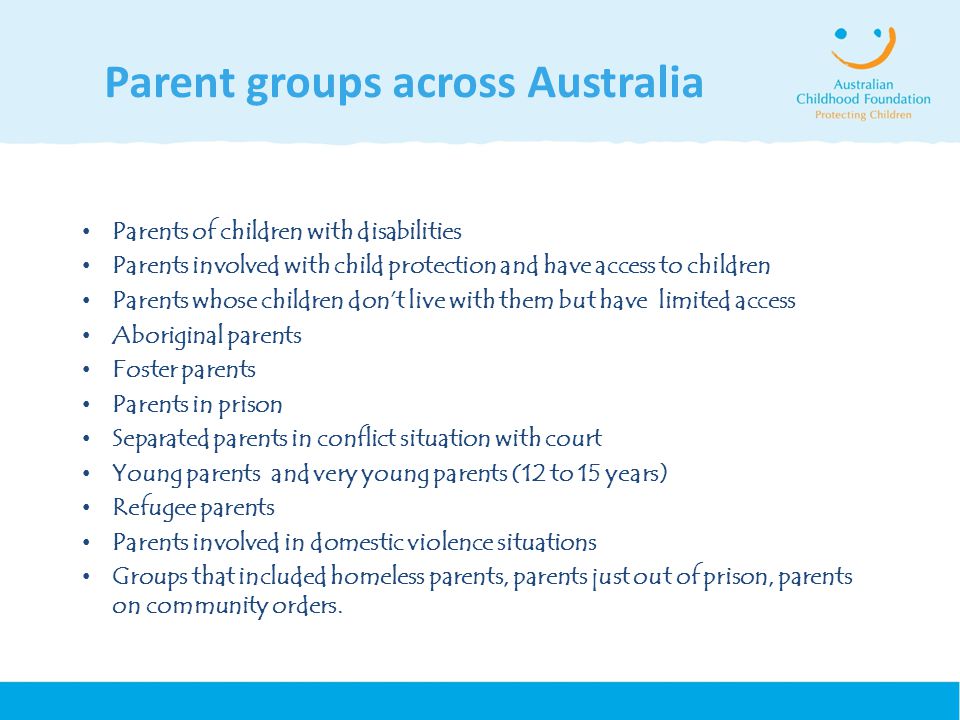 Parent groups across Australia Parents of children with disabilities Parents involved with child protection and have access to children Parents whose children don’t live with them but have limited access Aboriginal parents Foster parents Parents in prison Separated parents in conflict situation with court Young parents and very young parents (12 to 15 years) Refugee parents Parents involved in domestic violence situations Groups that included homeless parents, parents just out of prison, parents on community orders.