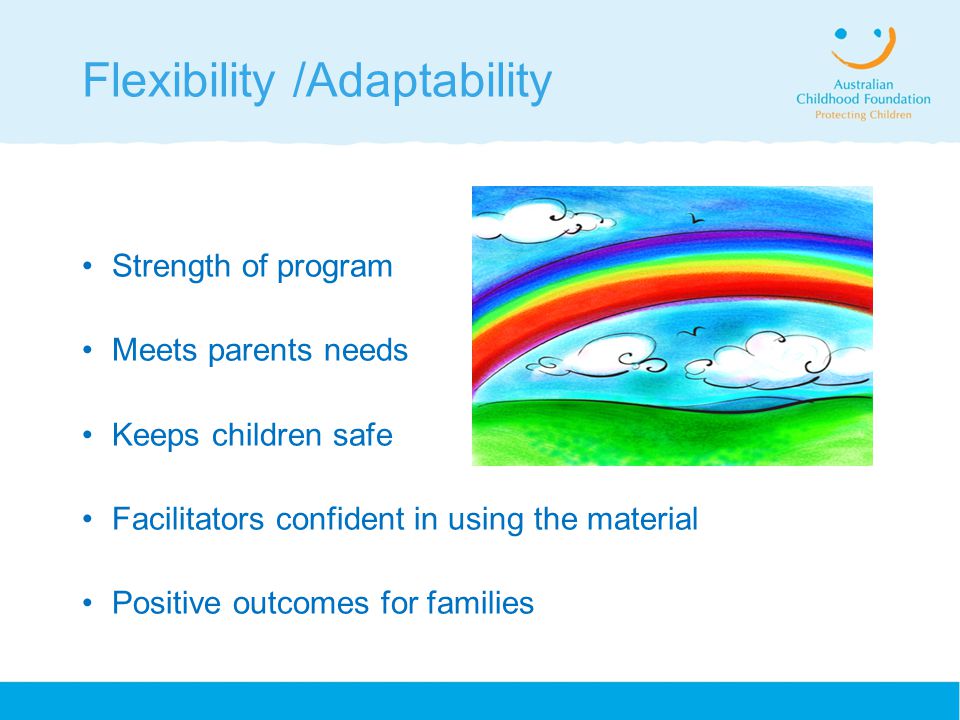 Flexibility /Adaptability Strength of program Meets parents needs Keeps children safe Facilitators confident in using the material Positive outcomes for families