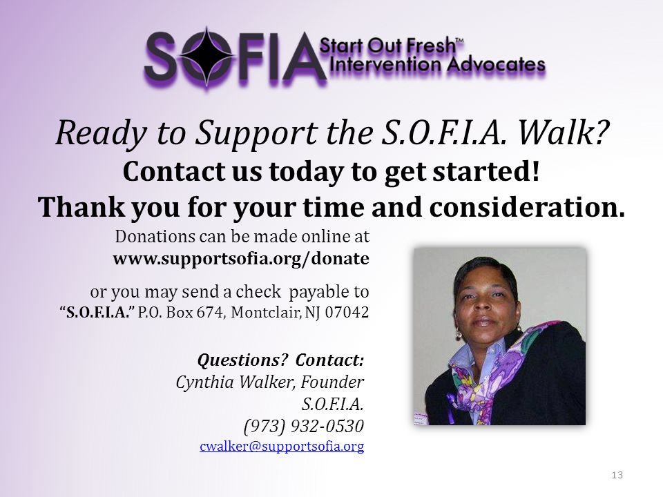 Questions. Contact: Cynthia Walker, Founder S.O.F.I.A.