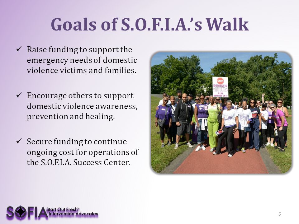 Goals of S.O.F.I.A.’s Walk Raise funding to support the emergency needs of domestic violence victims and families.