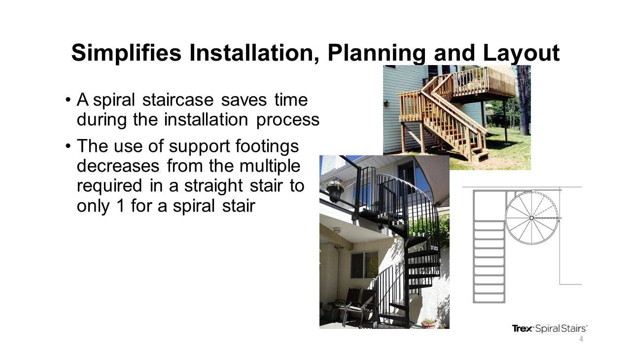 Simplifies Installation, Planning and Layout A spiral staircase saves time during the installation process The use of support footings decreases from the multiple required in a straight stair to only 1 for a spiral stair 4