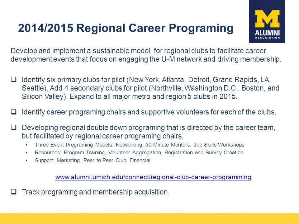 2014/2015 Regional Career Programing Develop and implement a sustainable model for regional clubs to facilitate career development events that focus on engaging the U-M network and driving membership.