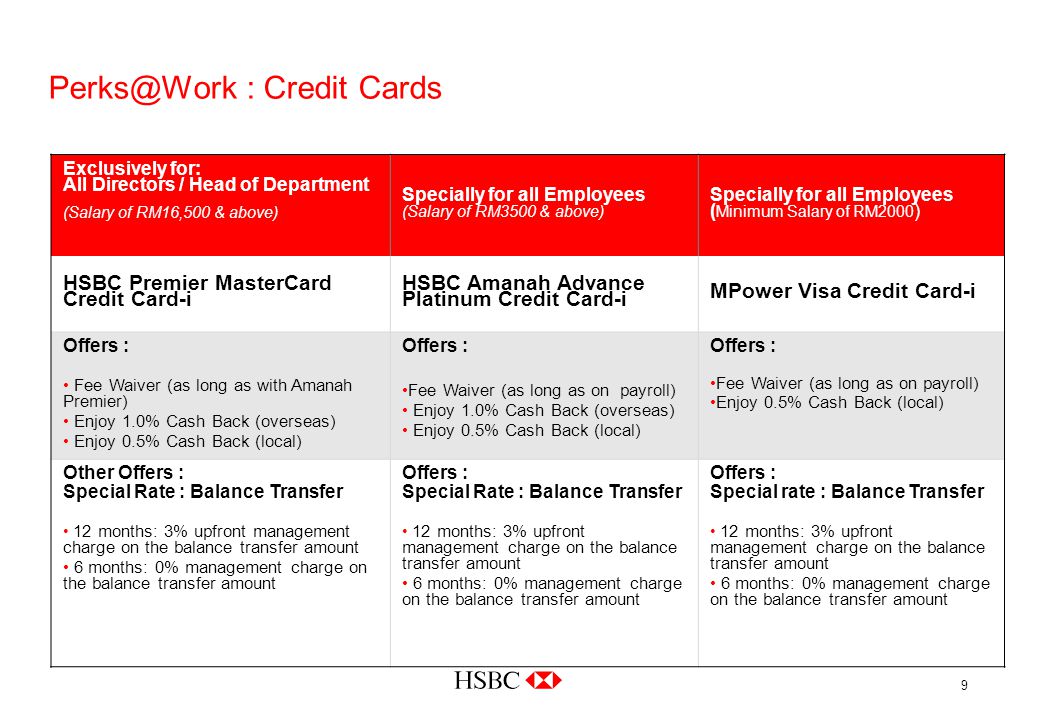 9 : Credit Cards Exclusively for: All Directors / Head of Department (Salary of RM16,500 & above) Specially for all Employees (Salary of RM3500 & above) Specially for all Employees ( Minimum Salary of RM2000 ) HSBC Premier MasterCard Credit Card-i HSBC Amanah Advance Platinum Credit Card-i MPower Visa Credit Card-i Offers : Fee Waiver (as long as with Amanah Premier) Enjoy 1.0% Cash Back (overseas) Enjoy 0.5% Cash Back (local) Offers : Fee Waiver (as long as on payroll) Enjoy 1.0% Cash Back (overseas) Enjoy 0.5% Cash Back (local) Offers : Fee Waiver (as long as on payroll) Enjoy 0.5% Cash Back (local) Other Offers : Special Rate : Balance Transfer 12 months: 3% upfront management charge on the balance transfer amount 6 months: 0% management charge on the balance transfer amount Offers : Special Rate : Balance Transfer 12 months: 3% upfront management charge on the balance transfer amount 6 months: 0% management charge on the balance transfer amount Offers : Special rate : Balance Transfer 12 months: 3% upfront management charge on the balance transfer amount 6 months: 0% management charge on the balance transfer amount