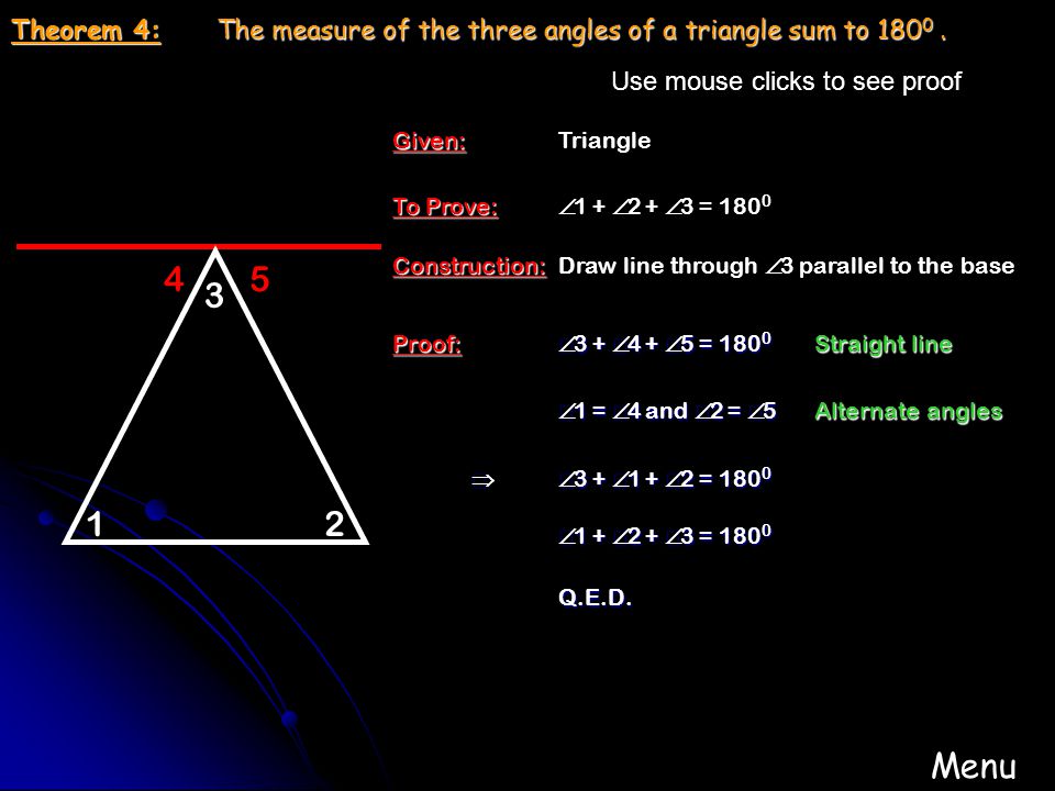 Menu Theorem 4 The Measure Of The Three Angles Of A Triangle