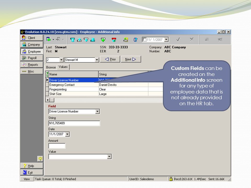 Custom Fields can be created on the Additional Info screen for any type of employee data that is not already provided on the HR tab.