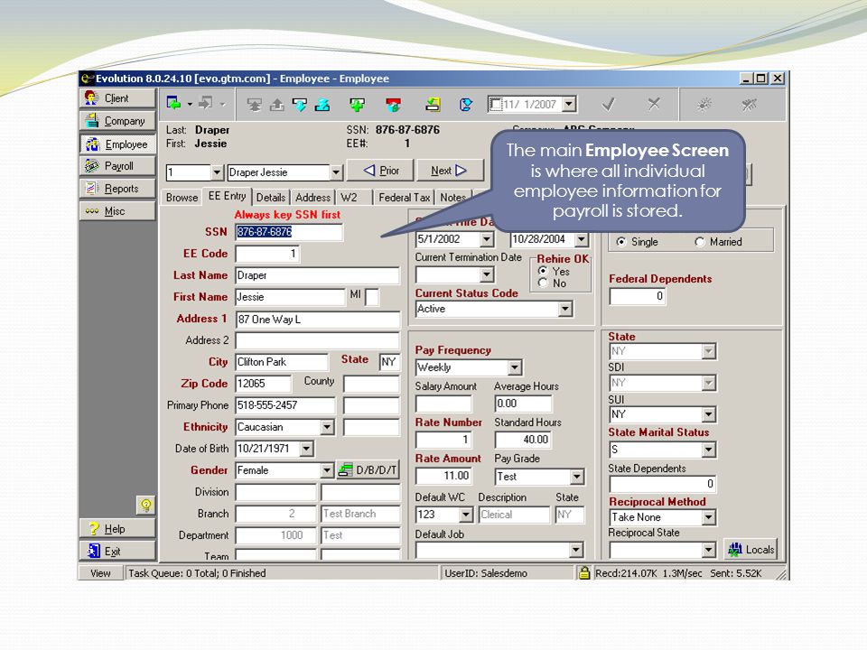 The main Employee Screen is where all individual employee information for payroll is stored.