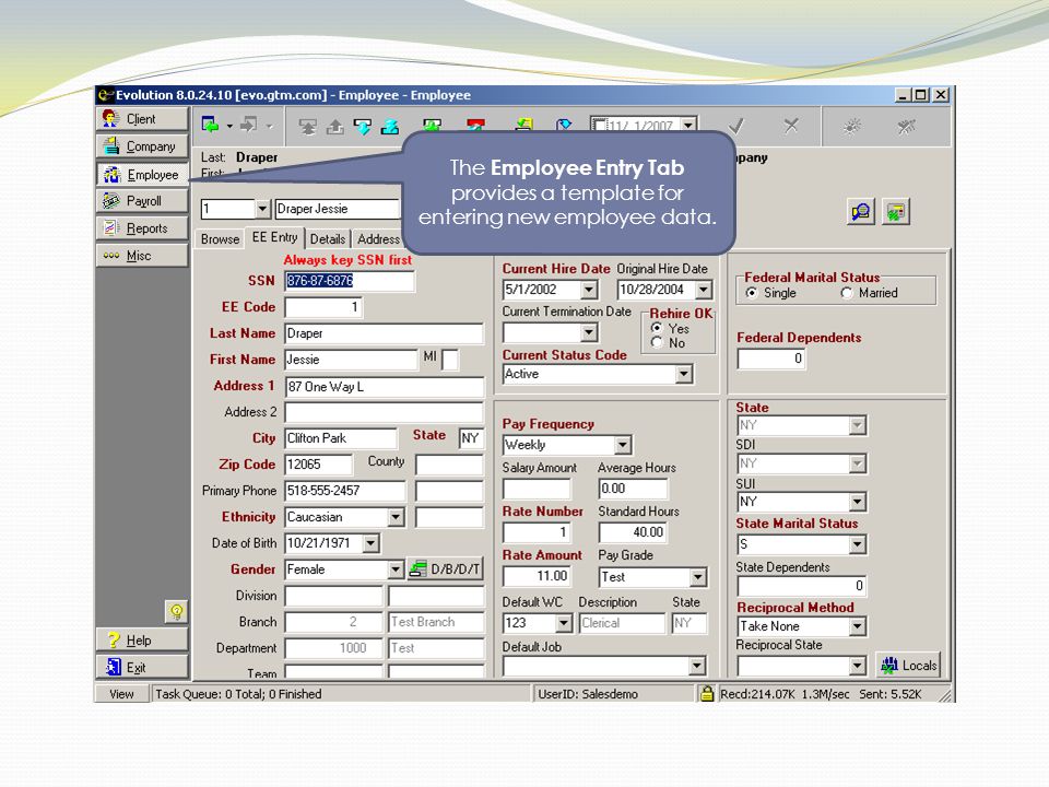 The Employee Entry Tab provides a template for entering new employee data.