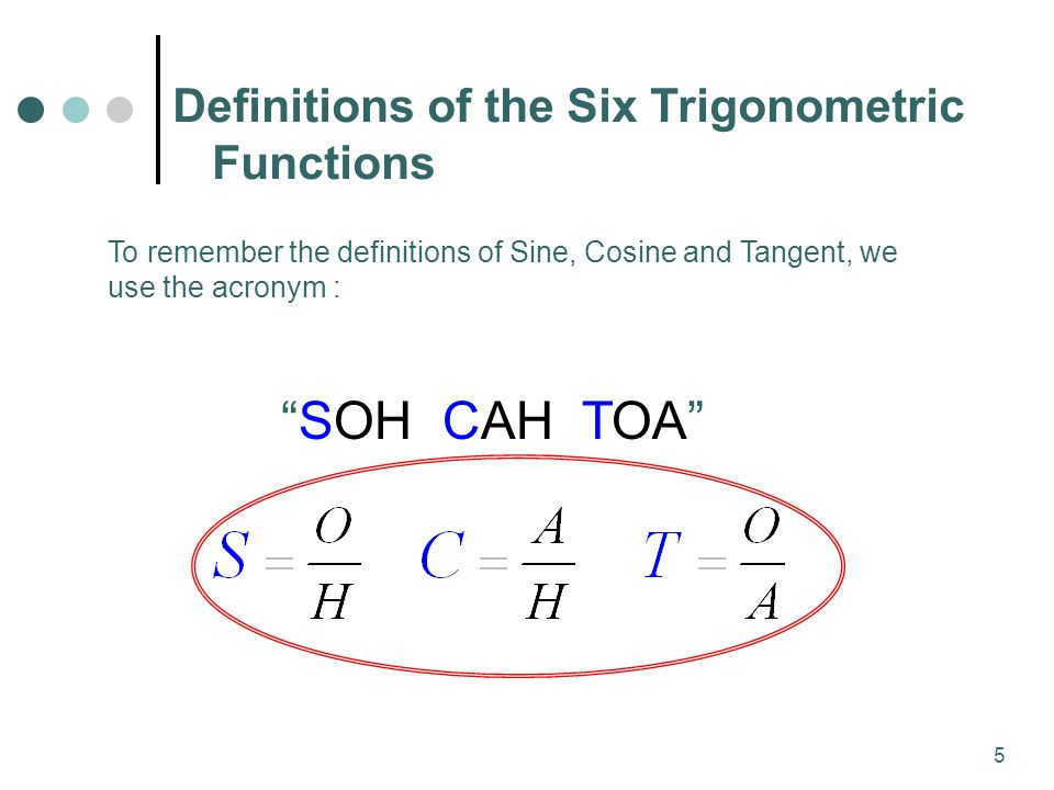 5 To remember the definitions of Sine, Cosine and Tangent, we use the acronym : SOH CAH TOA Definitions of the Six Trigonometric Functions