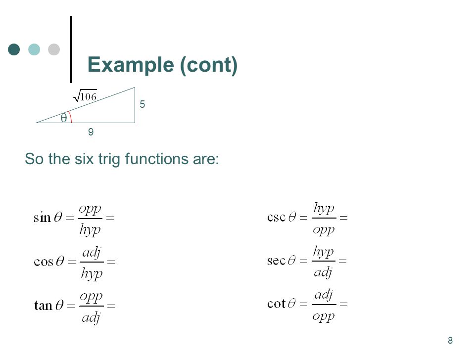 8 Example (cont)  5 9 So the six trig functions are: