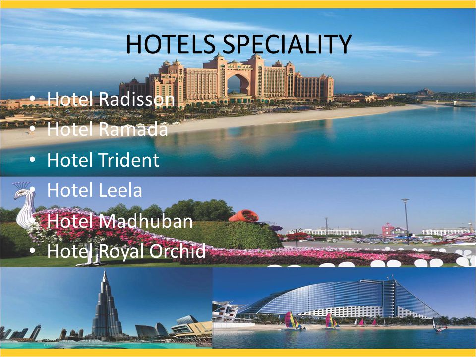 HOTELS SPECIALITY Hotel Radisson Hotel Ramada Hotel Trident Hotel Leela Hotel Madhuban Hotel Royal Orchid