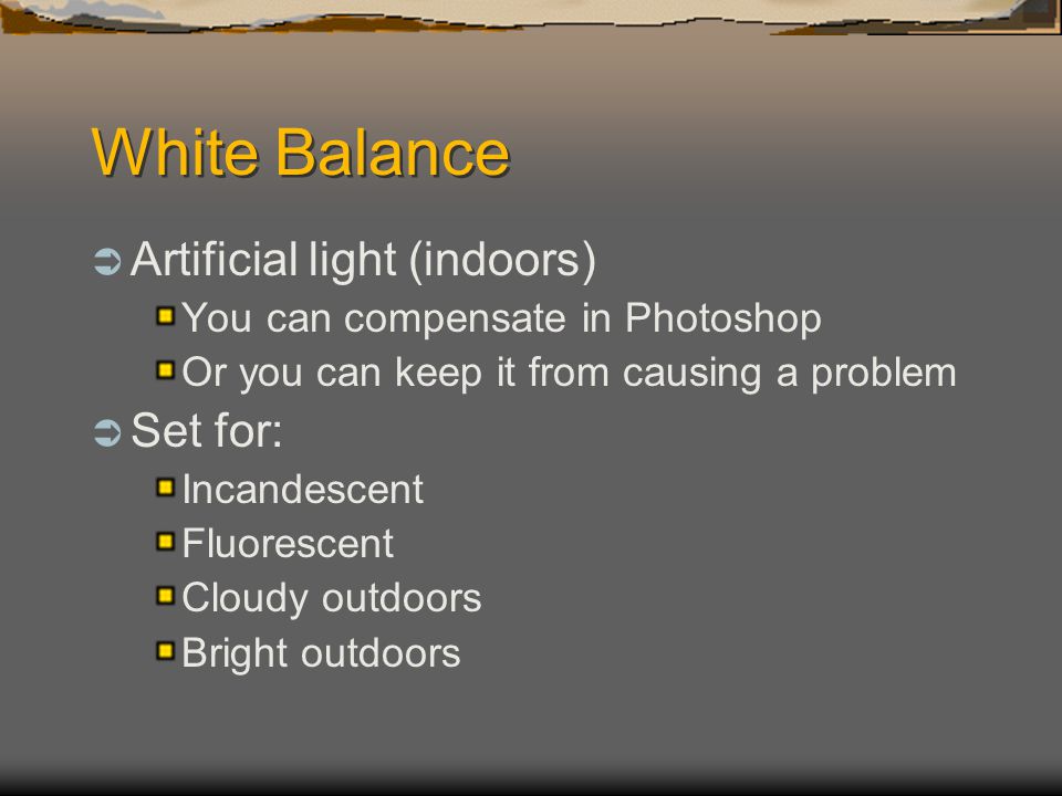 White Balance  Artificial light (indoors) You can compensate in Photoshop Or you can keep it from causing a problem  Set for: Incandescent Fluorescent Cloudy outdoors Bright outdoors