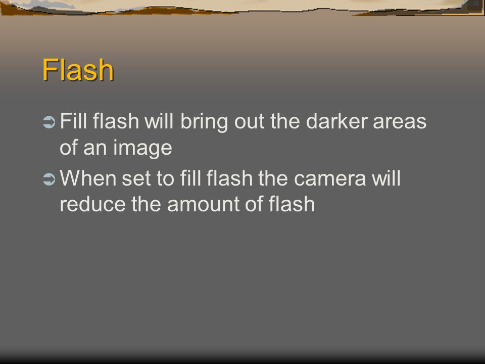 Flash  Fill flash will bring out the darker areas of an image  When set to fill flash the camera will reduce the amount of flash