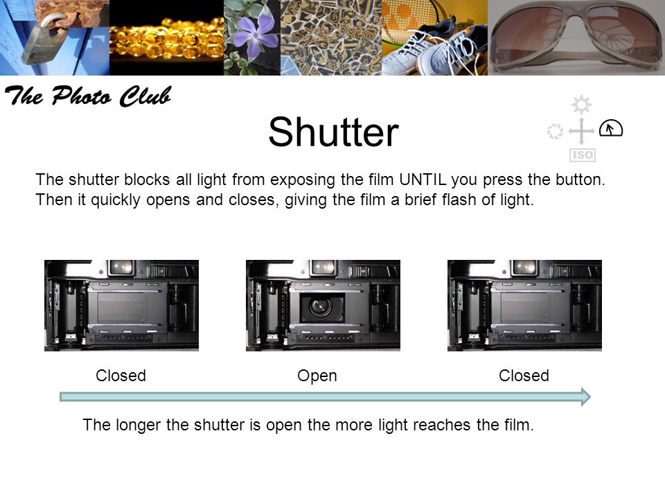 Shutter The shutter blocks all light from exposing the film UNTIL you press the button.