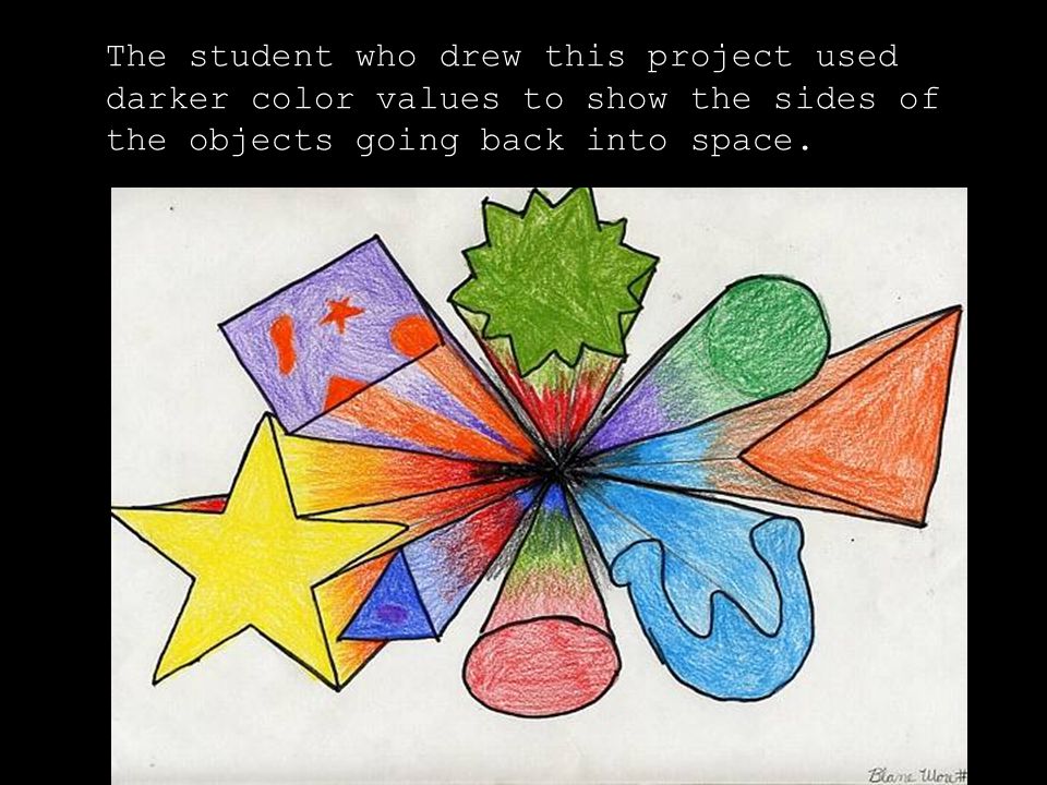 The student who drew this project used darker color values to show the sides of the objects going back into space.