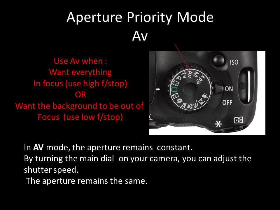 Aperture Priority Mode Av In AV mode, the aperture remains constant.
