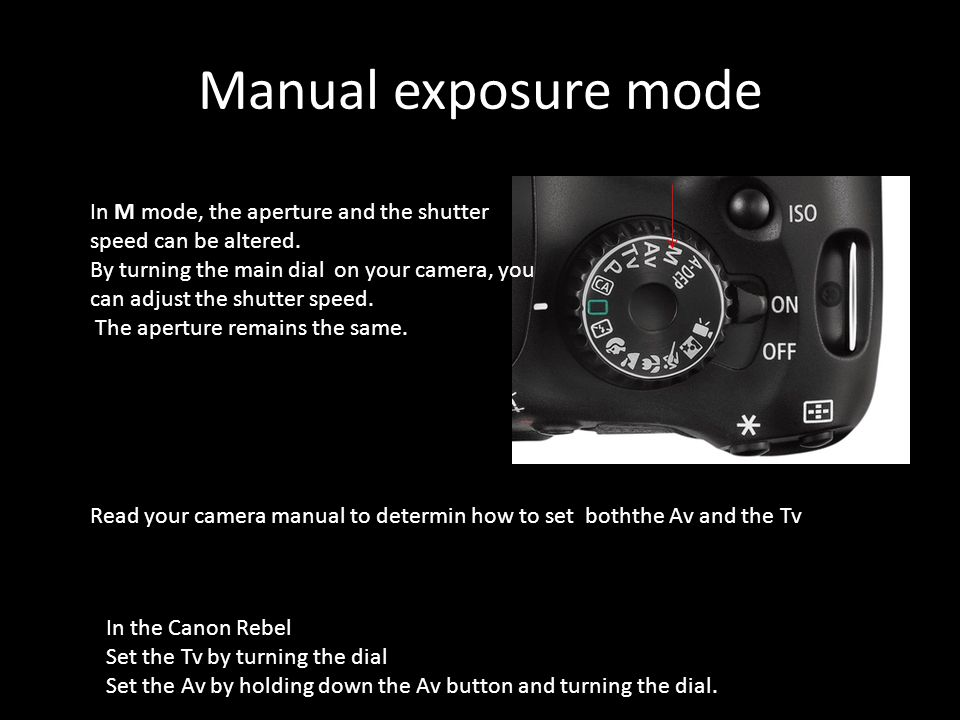 Manual exposure mode In M mode, the aperture and the shutter speed can be altered.
