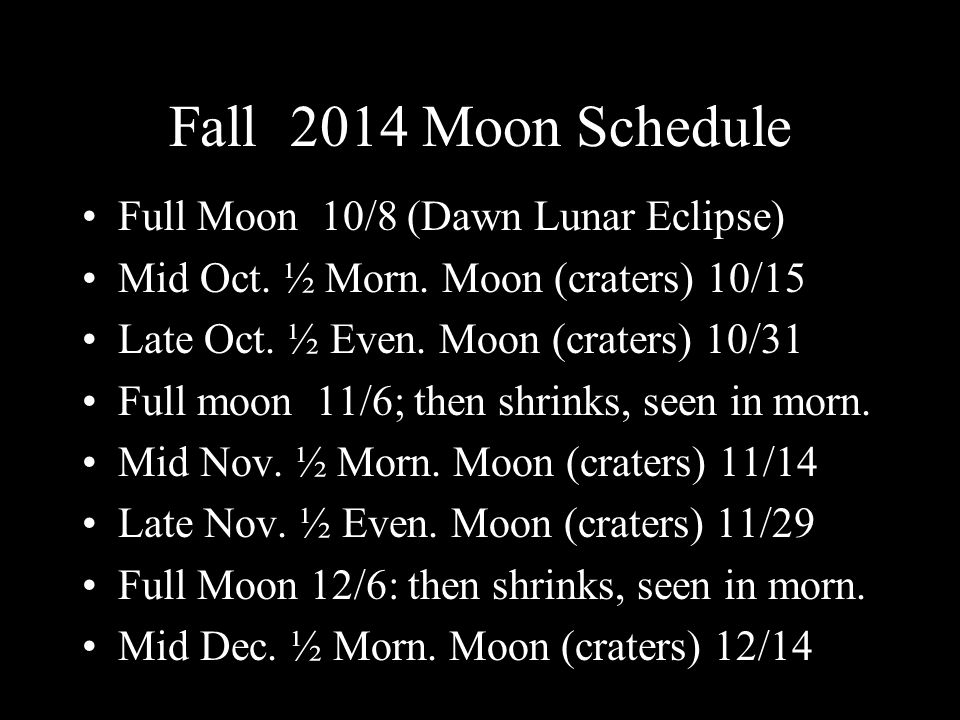 Fall 2014 Moon Schedule Full Moon 10/8 (Dawn Lunar Eclipse) Mid Oct.