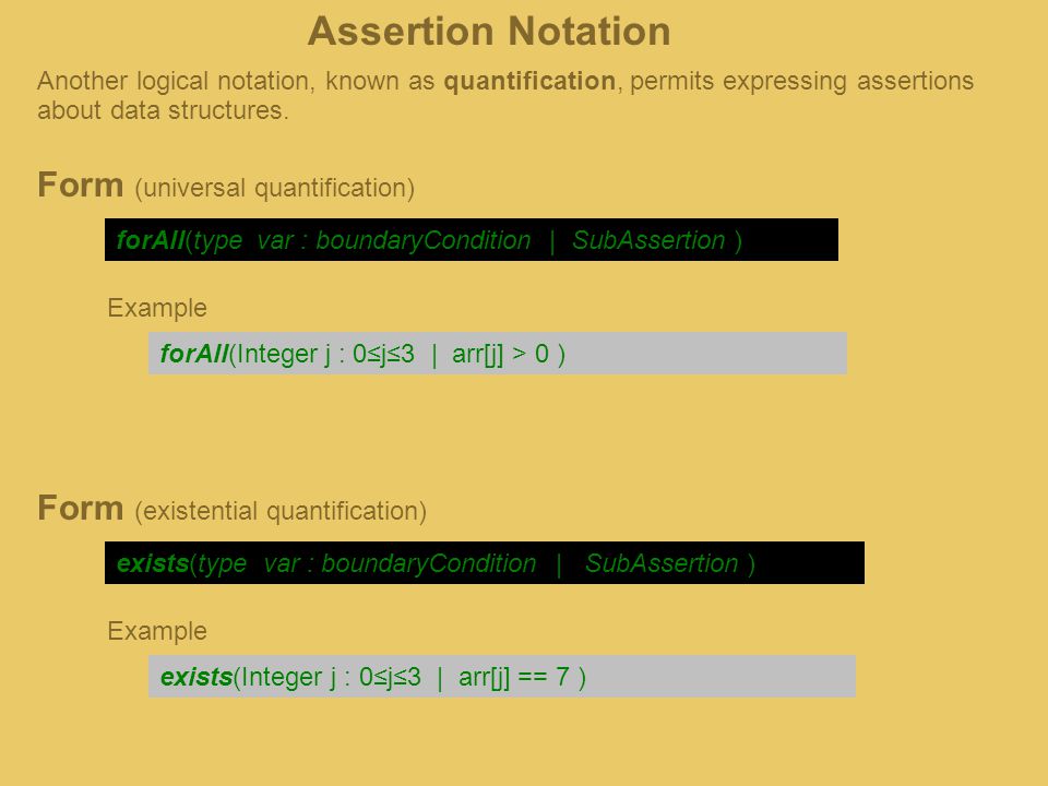 Another logical notation, known as quantification, permits expressing assertions about data structures.