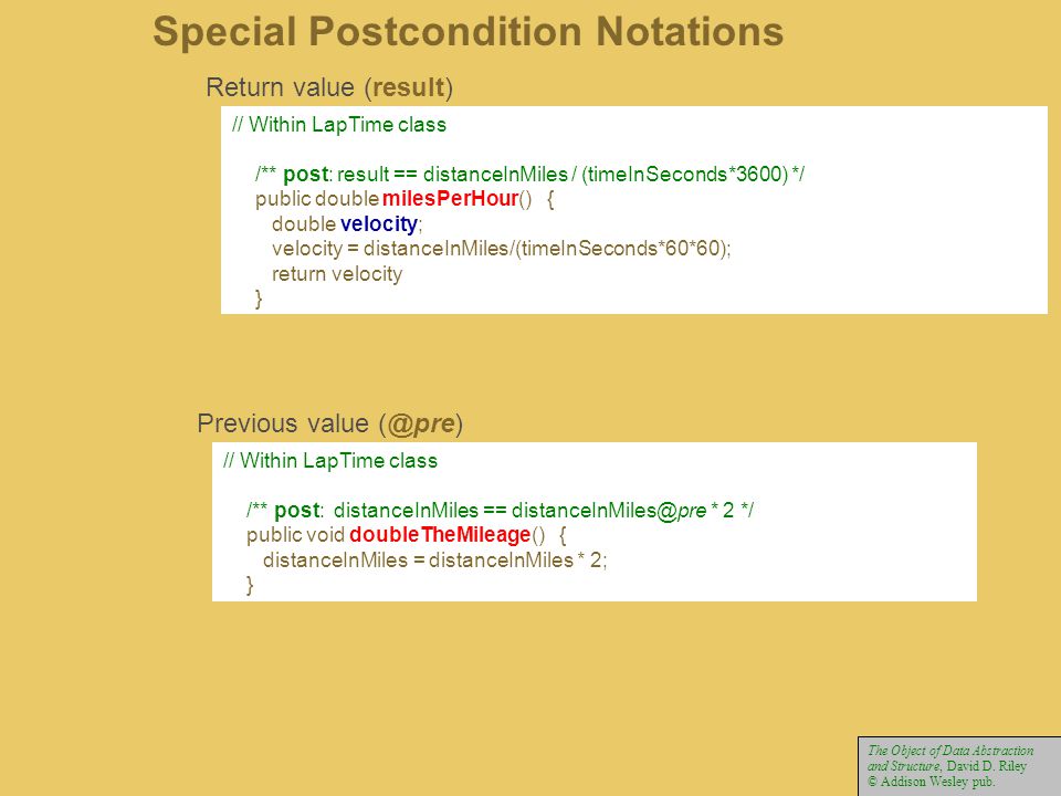 Special Postcondition Notations // Within LapTime class /** post: result == distanceInMiles / (timeInSeconds*3600) */ public double milesPerHour() { double velocity; velocity = distanceInMiles/(timeInSeconds*60*60); return velocity } Return value (result) // Within LapTime class /** post: distanceInMiles == * 2 */ public void doubleTheMileage() { distanceInMiles = distanceInMiles * 2; } Previous value The Object of Data Abstraction and Structure, David D.