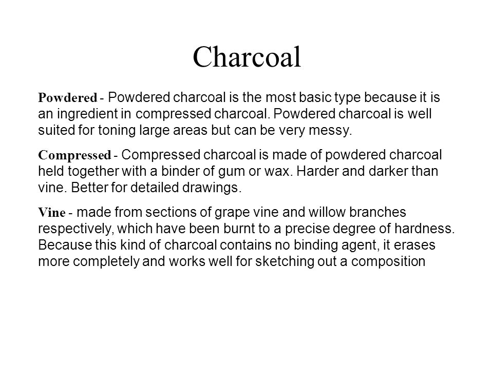Charcoal Powdered - Powdered charcoal is the most basic type because it is an ingredient in compressed charcoal.