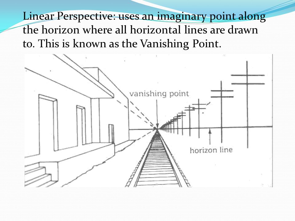 Linear Perspective: uses an imaginary point along the horizon where all horizontal lines are drawn to.