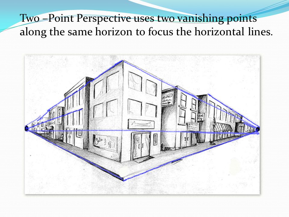 Two –Point Perspective uses two vanishing points along the same horizon to focus the horizontal lines.