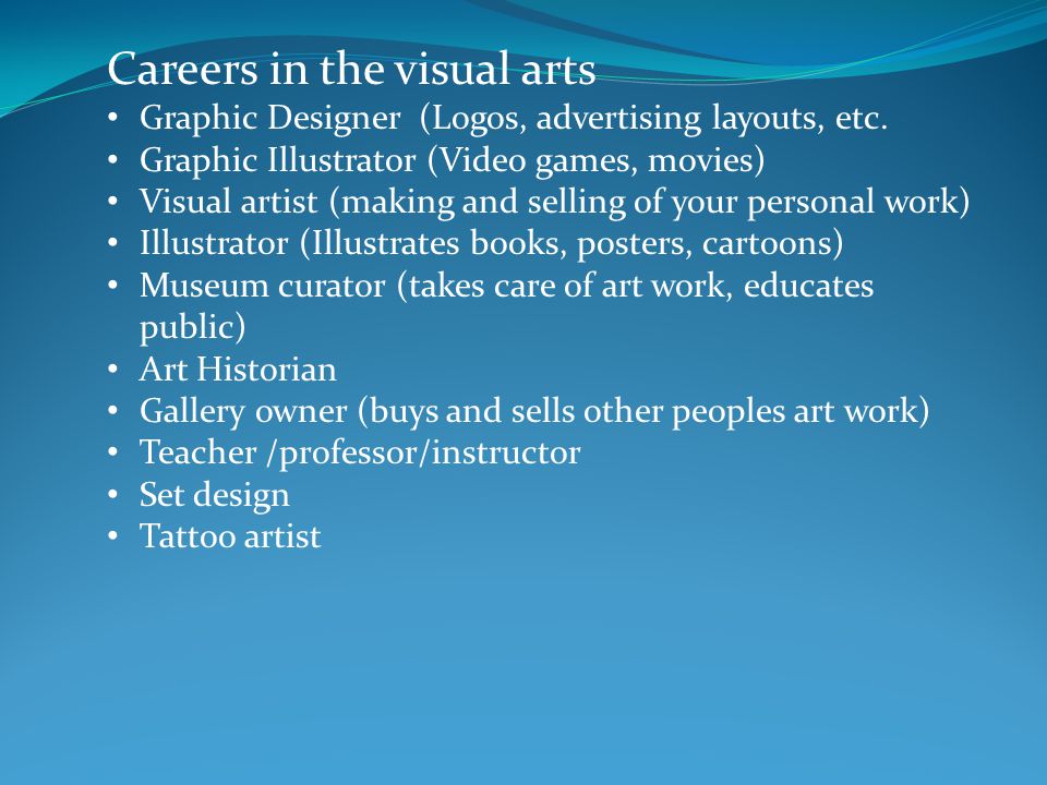 Careers in the visual arts Graphic Designer (Logos, advertising layouts, etc.
