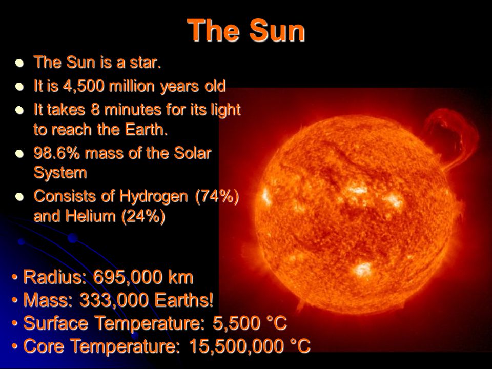 The Sun The Sun is a star. The Sun is a star. It is 4,500 million years old  It is 4,500 million years old It takes 8 minutes for its light to
