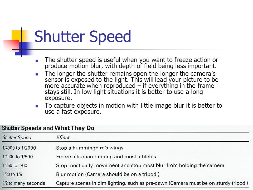 Shutter Speed The shutter speed is useful when you want to freeze action or produce motion blur, with depth of field being less important.