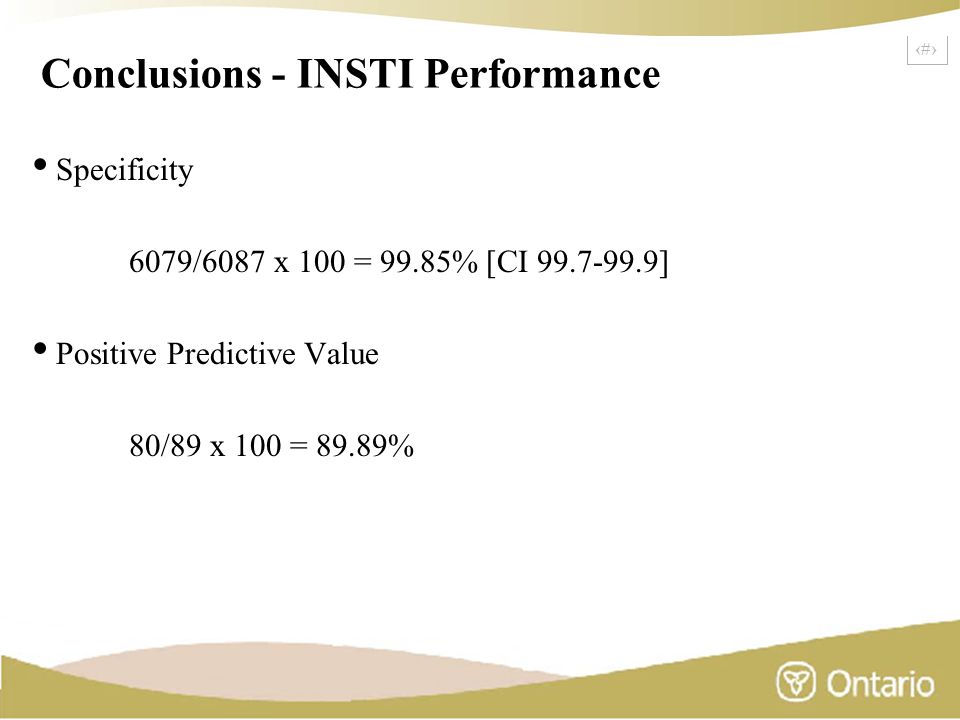 22 Conclusions - INSTI Performance Specificity 6079/6087 x 100 = 99.85% [CI ] Positive Predictive Value 80/89 x 100 = 89.89%
