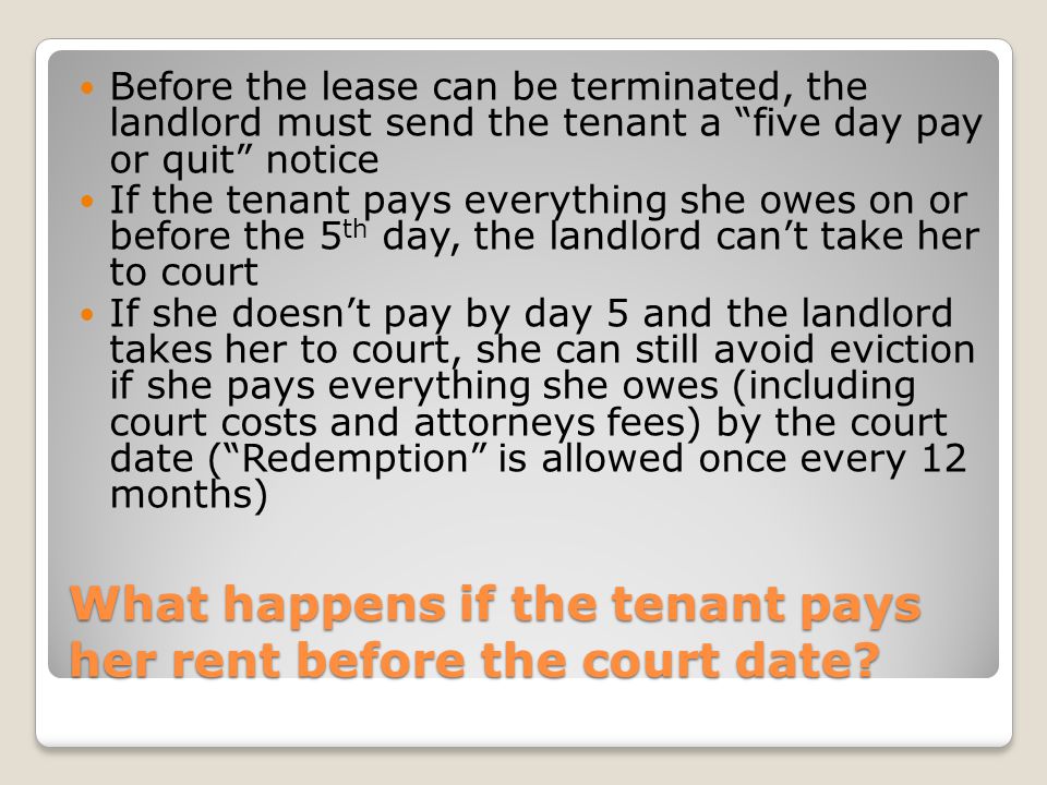 What happens if the tenant pays her rent before the court date.