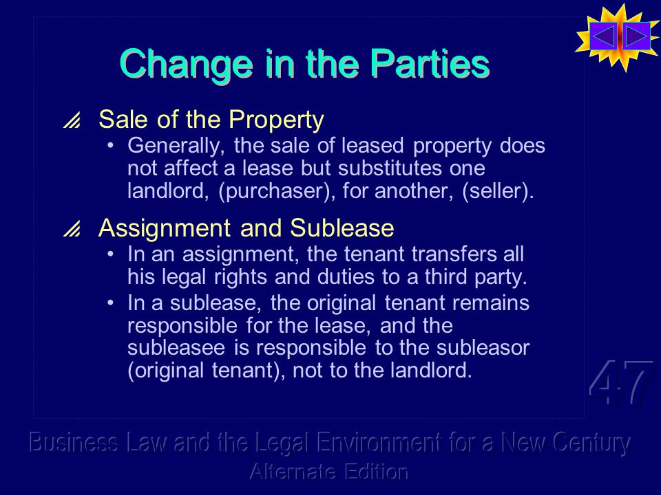 Change in the Parties  Sale of the Property Generally, the sale of leased property does not affect a lease but substitutes one landlord, (purchaser), for another, (seller).