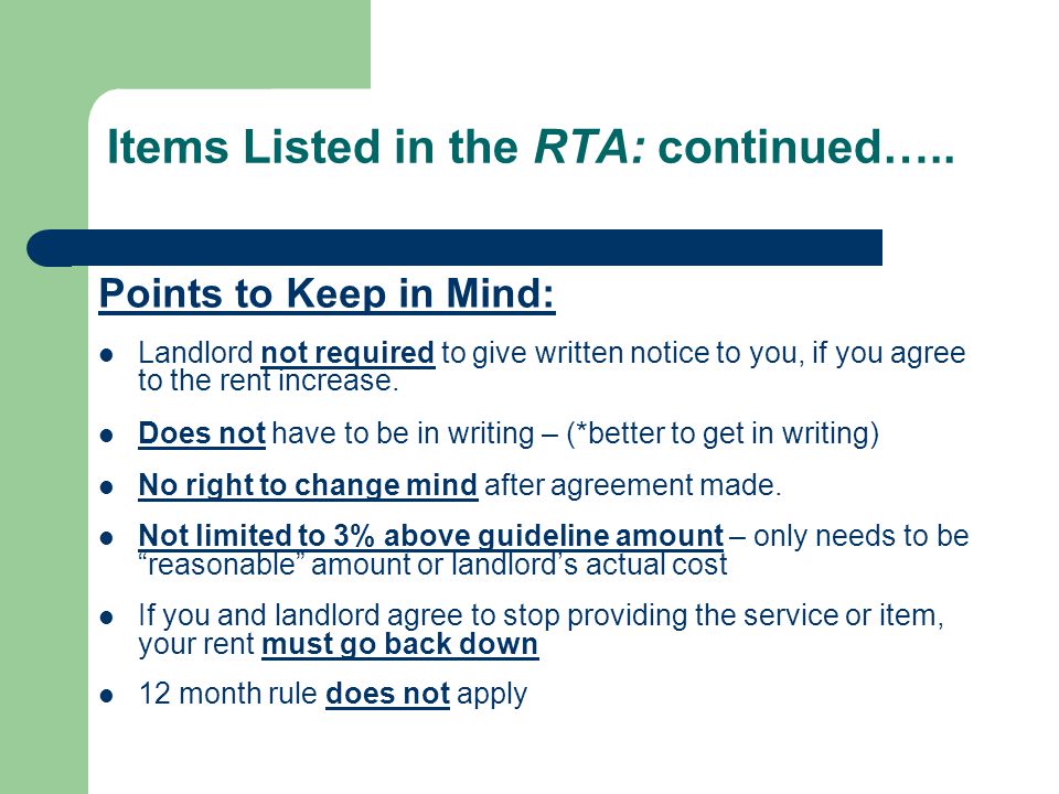 Items Listed in the RTA: continued…..