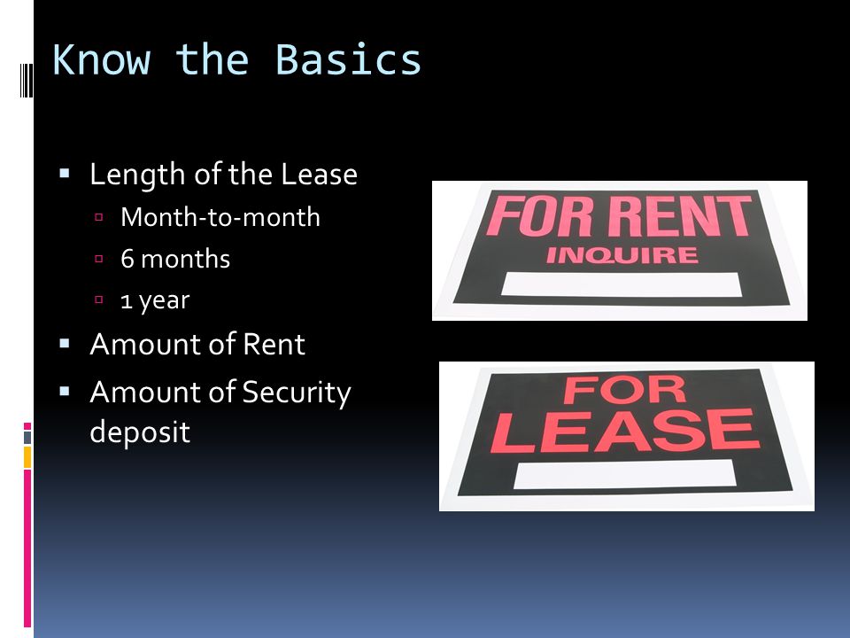 Know the Basics  Length of the Lease  Month-to-month  6 months  1 year  Amount of Rent  Amount of Security deposit