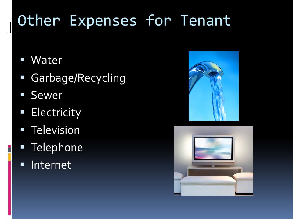Other Expenses for Tenant  Water  Garbage/Recycling  Sewer  Electricity  Television  Telephone  Internet