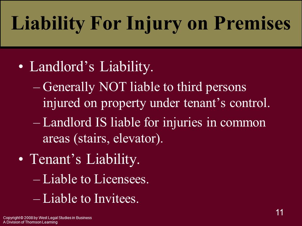 Copyright © 2008 by West Legal Studies in Business A Division of Thomson Learning 11 Liability For Injury on Premises Landlord’s Liability.