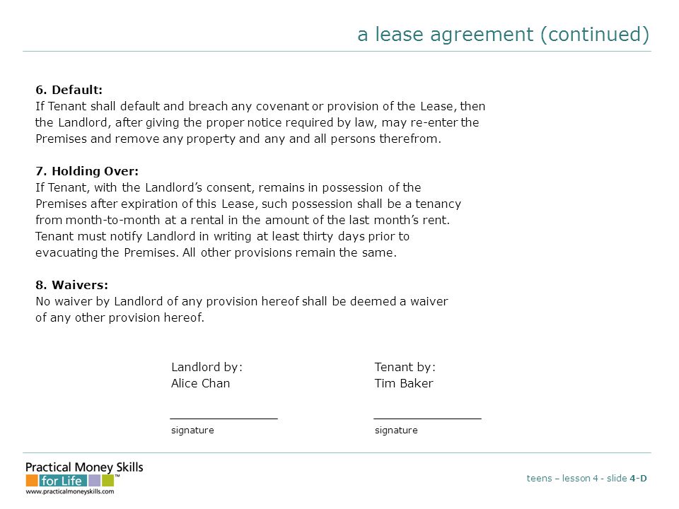 a lease agreement (continued) teens – lesson 4 - slide 4-D 6.