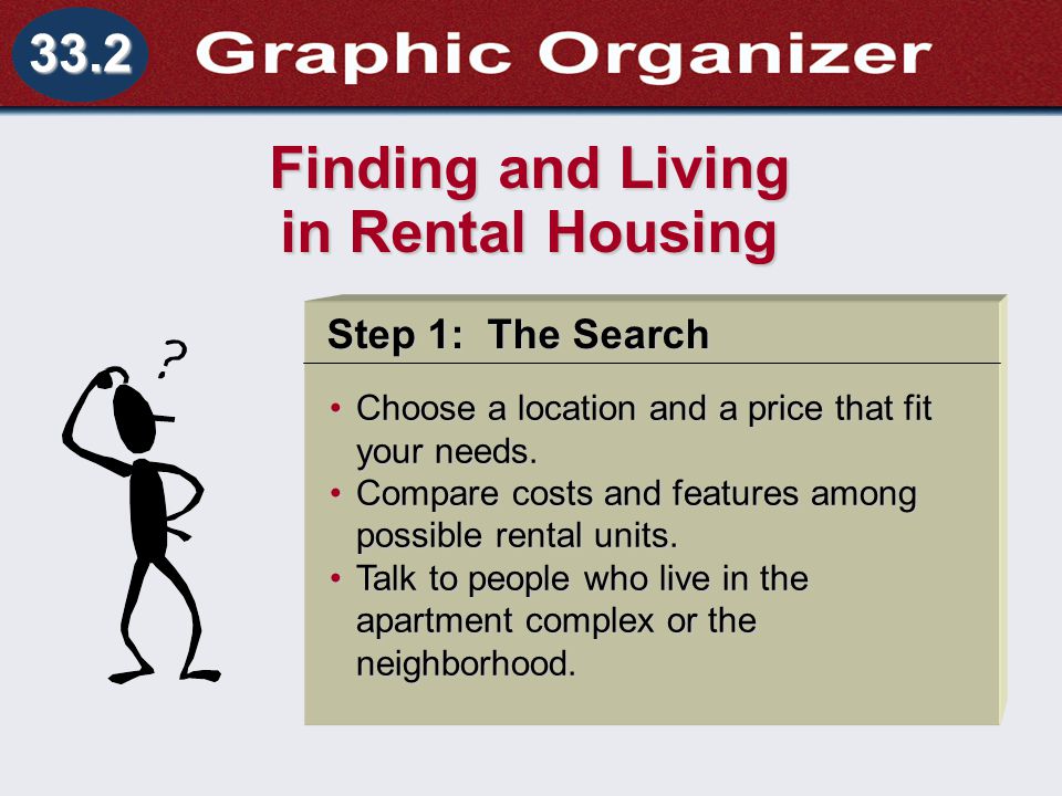 Understanding Business and Personal Law Responsibilities of Landlord and Tenant Section 33.2 Renting a Place to Live 33.2 Finding and Living in Rental Housing Choose a location and a price that fit your needs.Choose a location and a price that fit your needs.