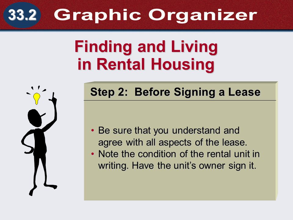 Understanding Business and Personal Law Responsibilities of Landlord and Tenant Section 33.2 Renting a Place to Live 33.2 Finding and Living in Rental Housing Step 2: Before Signing a Lease Be sure that you understand and agree with all aspects of the lease.Be sure that you understand and agree with all aspects of the lease.
