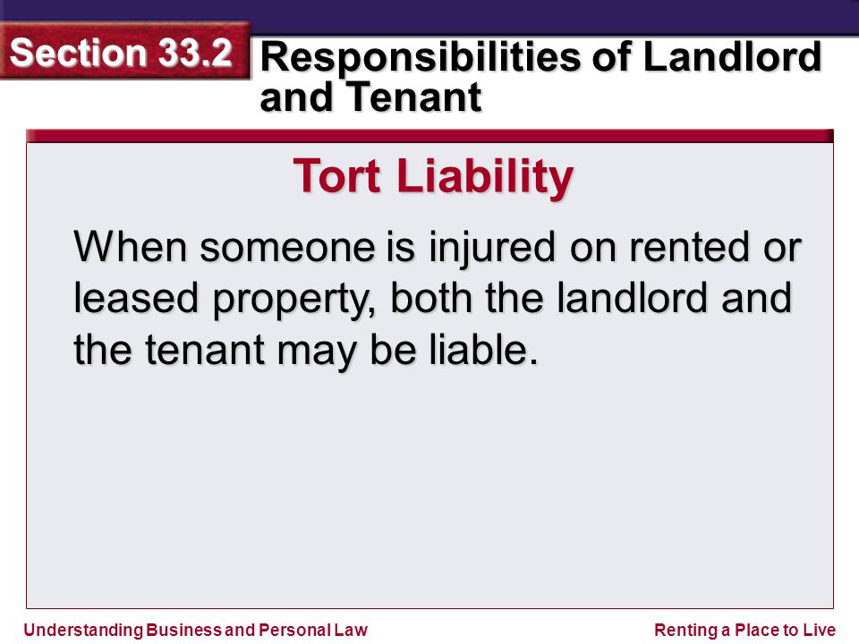 Understanding Business and Personal Law Responsibilities of Landlord and Tenant Section 33.2 Renting a Place to Live When someone is injured on rented or leased property, both the landlord and the tenant may be liable.
